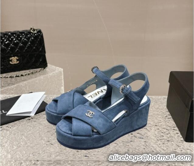 Shop Duplicate Chanel Suede Wedge Sandals with Crystal CC G39918 Dusty Blue 323046