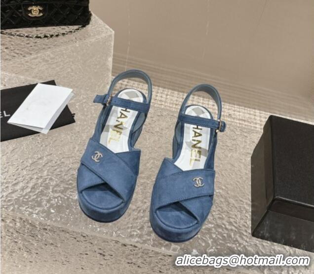 Shop Duplicate Chanel Suede Wedge Sandals with Crystal CC G39918 Dusty Blue 323046