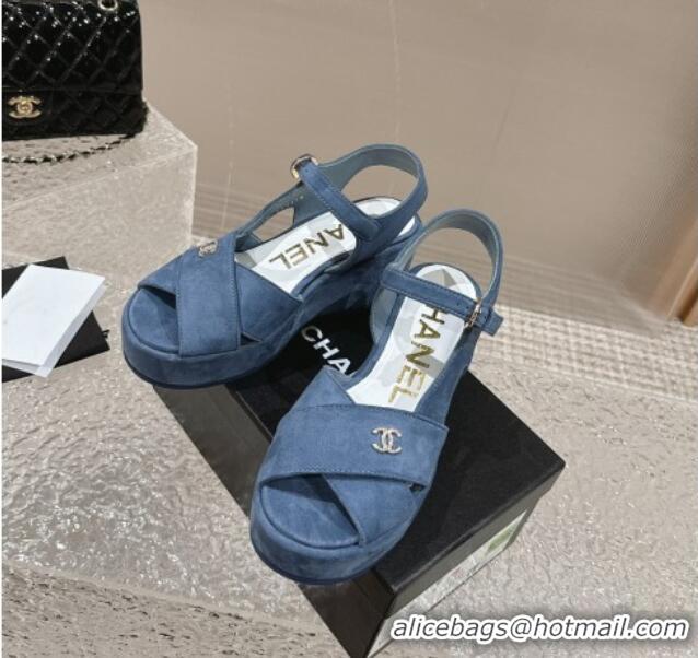 Shop Duplicate Chanel Suede Wedge Sandals with Crystal CC G39918 Dusty Blue 323046