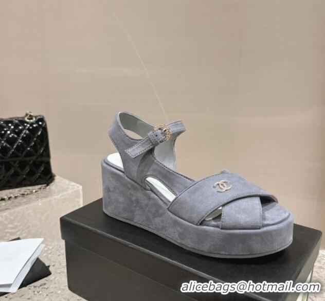 Top Grade Chanel Suede Wedge Sandals with Crystal CC G39918 Grey 323047