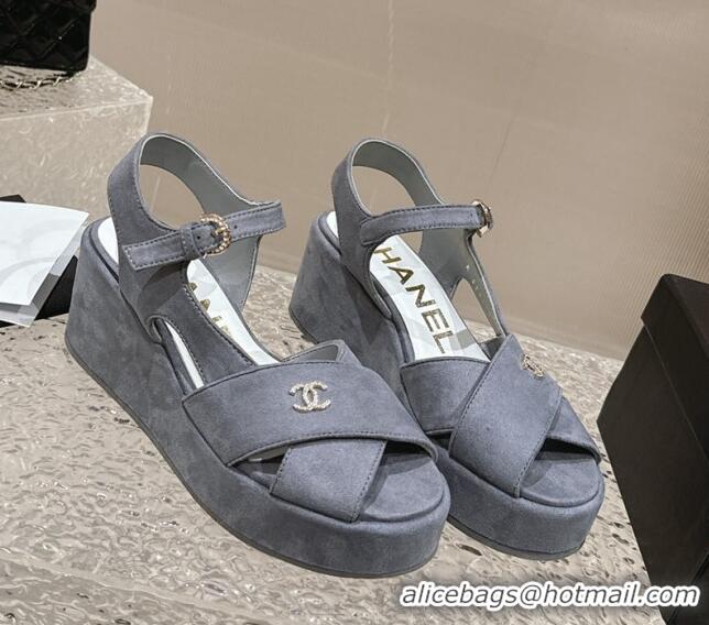 Top Grade Chanel Suede Wedge Sandals with Crystal CC G39918 Grey 323047