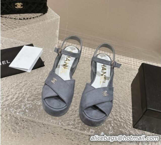 Top Grade Chanel Suede Wedge Sandals with Crystal CC G39918 Grey 323047