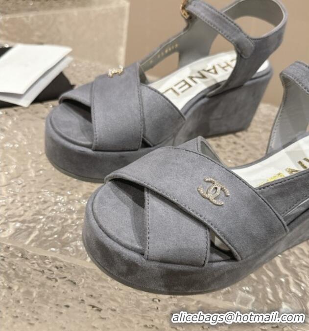 Top Grade Chanel Suede Wedge Sandals with Crystal CC G39918 Grey 323047