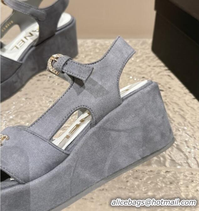 Top Grade Chanel Suede Wedge Sandals with Crystal CC G39918 Grey 323047