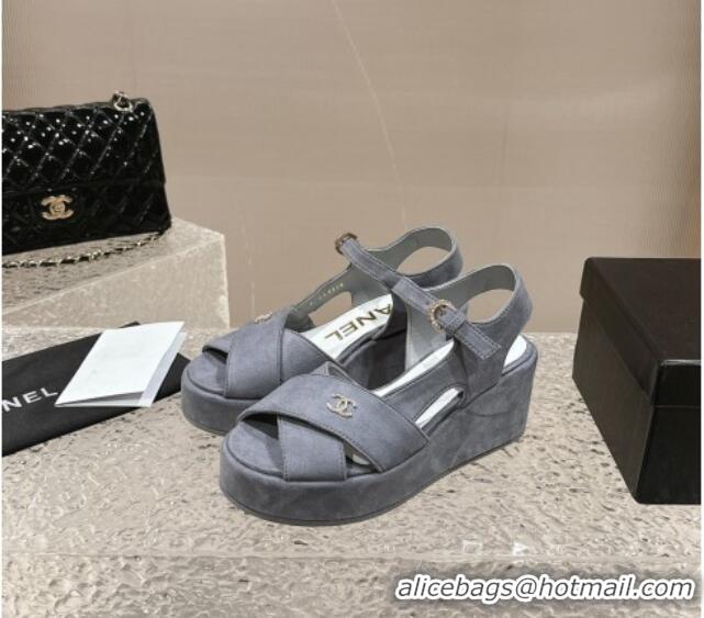 Top Grade Chanel Suede Wedge Sandals with Crystal CC G39918 Grey 323047