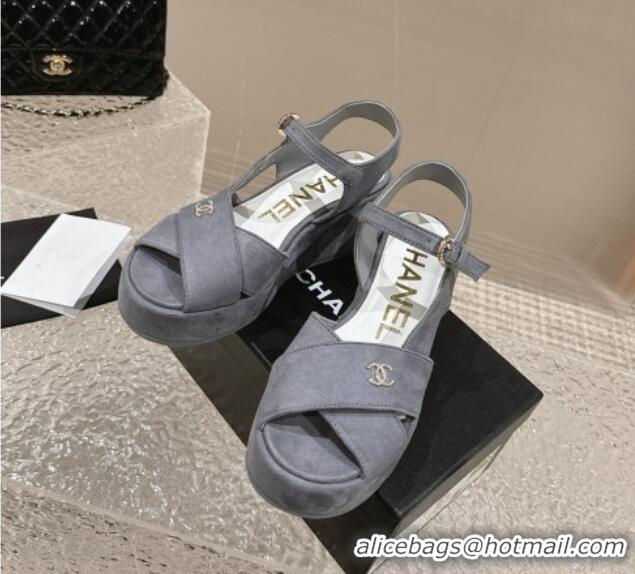 Top Grade Chanel Suede Wedge Sandals with Crystal CC G39918 Grey 323047