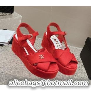 Good Quality Chanel Suede Wedge Sandals with Crystal CC G39918 Red 323048