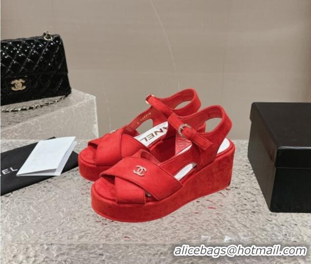 Good Quality Chanel Suede Wedge Sandals with Crystal CC G39918 Red 323048