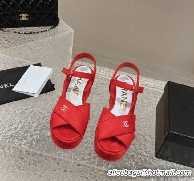 Good Quality Chanel Suede Wedge Sandals with Crystal CC G39918 Red 323048