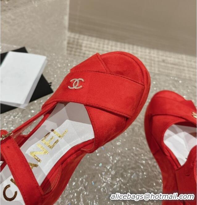 Good Quality Chanel Suede Wedge Sandals with Crystal CC G39918 Red 323048