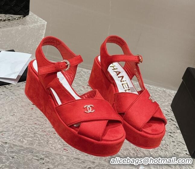 Good Quality Chanel Suede Wedge Sandals with Crystal CC G39918 Red 323048