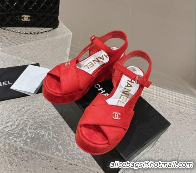 Good Quality Chanel Suede Wedge Sandals with Crystal CC G39918 Red 323048