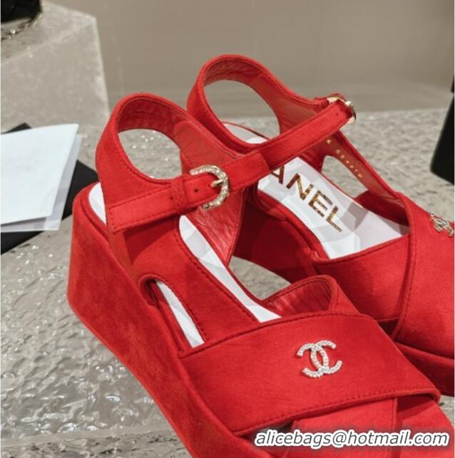 Good Quality Chanel Suede Wedge Sandals with Crystal CC G39918 Red 323048