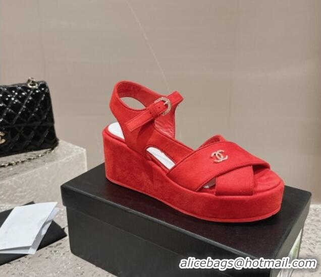 Good Quality Chanel Suede Wedge Sandals with Crystal CC G39918 Red 323048