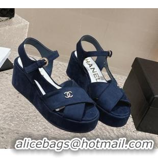 Best Product Chanel Suede Wedge Sandals with Crystal CC G39918 Dark Blue 323049