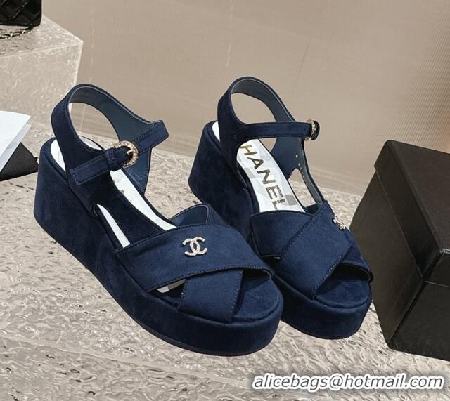 Best Product Chanel Suede Wedge Sandals with Crystal CC G39918 Dark Blue 323049