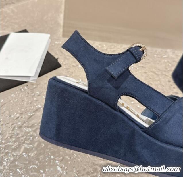 Best Product Chanel Suede Wedge Sandals with Crystal CC G39918 Dark Blue 323049