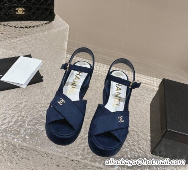 Best Product Chanel Suede Wedge Sandals with Crystal CC G39918 Dark Blue 323049