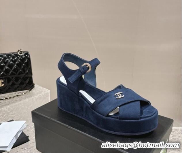 Best Product Chanel Suede Wedge Sandals with Crystal CC G39918 Dark Blue 323049