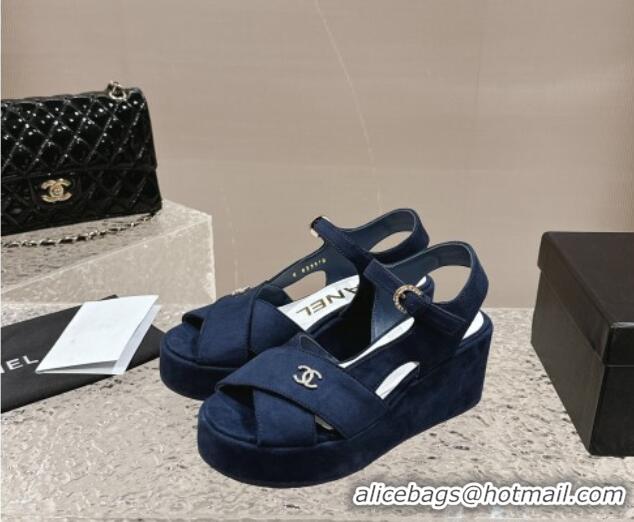 Best Product Chanel Suede Wedge Sandals with Crystal CC G39918 Dark Blue 323049