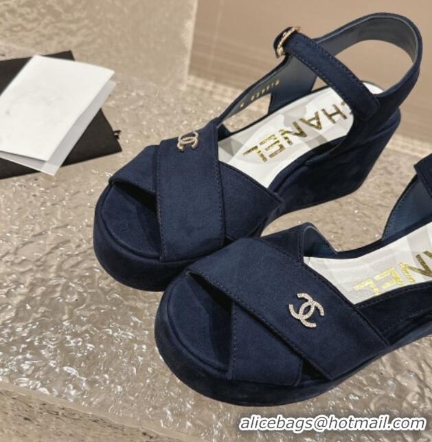 Best Product Chanel Suede Wedge Sandals with Crystal CC G39918 Dark Blue 323049