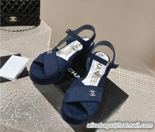 Best Product Chanel Suede Wedge Sandals with Crystal CC G39918 Dark Blue 323049