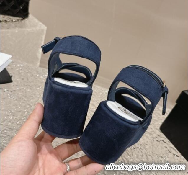 Best Product Chanel Suede Wedge Sandals with Crystal CC G39918 Dark Blue 323049