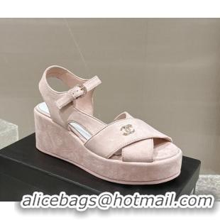 Good Product Chanel Suede Wedge Sandals with Crystal CC G39918 Light Pink 323050