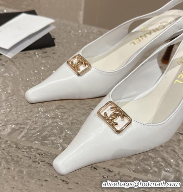 Luxury Cheap Chanel Calfskin Slingback Pumps with Framed CC White 323053