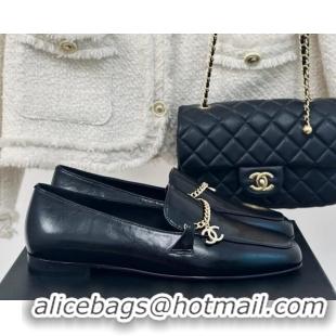 Luxury Chanel Calfskin Moccasins Loafers with CC Chain G45568 Black 323054