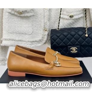 Sophisticated Chanel Calfskin Moccasins Loafers with CC Chain G45568 Yellow 323055