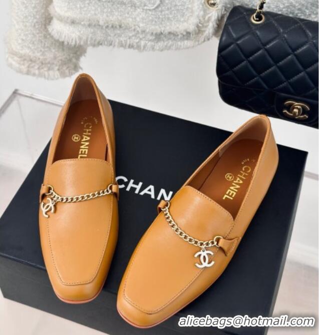 Sophisticated Chanel Calfskin Moccasins Loafers with CC Chain G45568 Yellow 323055