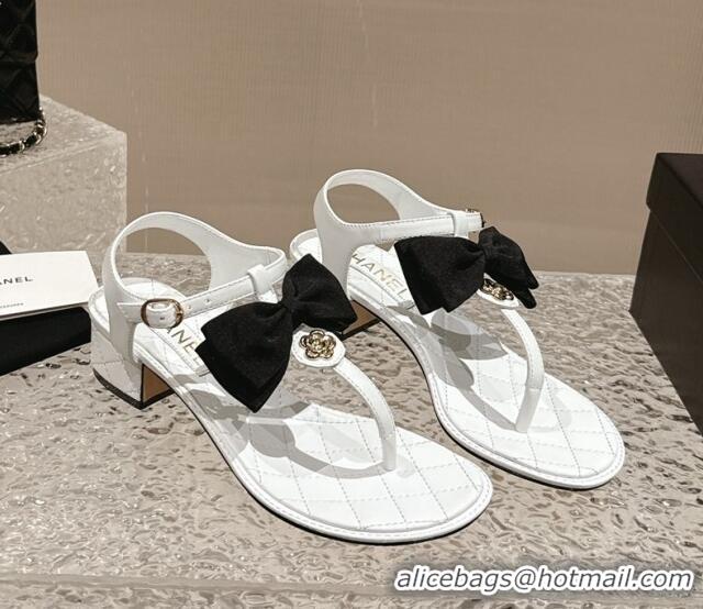 Luxurious Chanel Calfskin Thong Sandals 4cm with Bow and Bloom White 323057