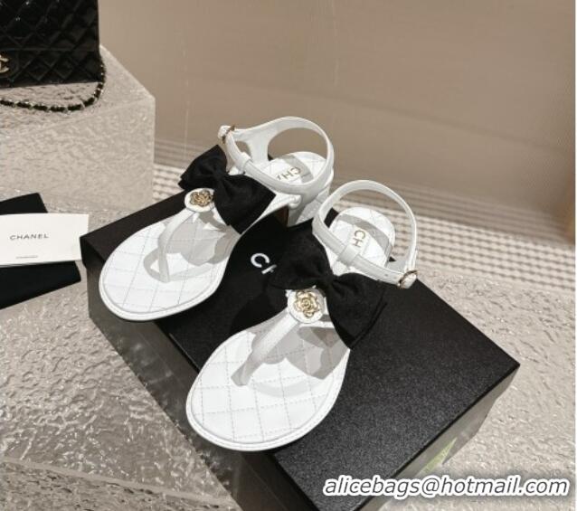 Luxurious Chanel Calfskin Thong Sandals 4cm with Bow and Bloom White 323057