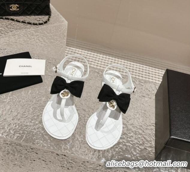 Luxurious Chanel Calfskin Thong Sandals 4cm with Bow and Bloom White 323057