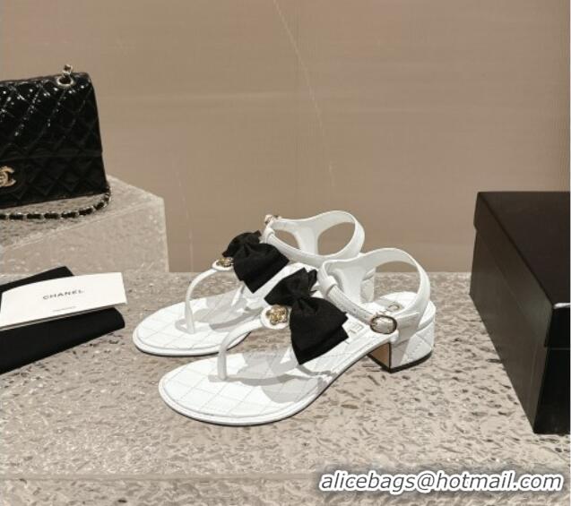 Luxurious Chanel Calfskin Thong Sandals 4cm with Bow and Bloom White 323057