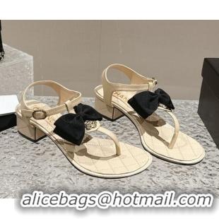 Sumptuous Chanel Calfskin Thong Sandals 4cm with Bow and Bloom Beige 323058