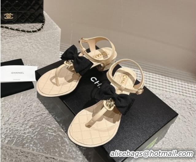 Sumptuous Chanel Calfskin Thong Sandals 4cm with Bow and Bloom Beige 323058