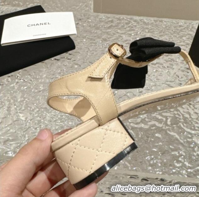 Sumptuous Chanel Calfskin Thong Sandals 4cm with Bow and Bloom Beige 323058