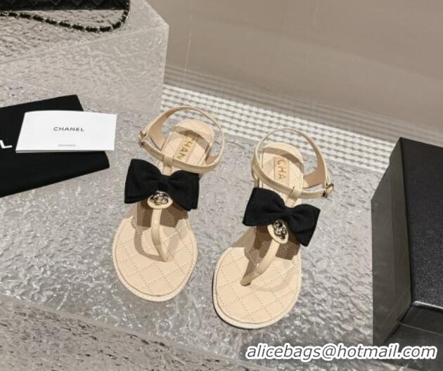 Sumptuous Chanel Calfskin Thong Sandals 4cm with Bow and Bloom Beige 323058