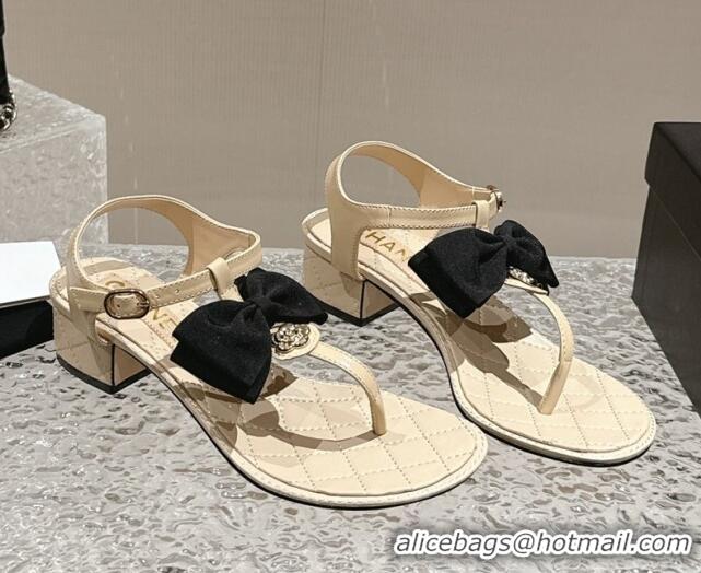 Sumptuous Chanel Calfskin Thong Sandals 4cm with Bow and Bloom Beige 323058