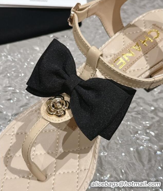 Sumptuous Chanel Calfskin Thong Sandals 4cm with Bow and Bloom Beige 323058