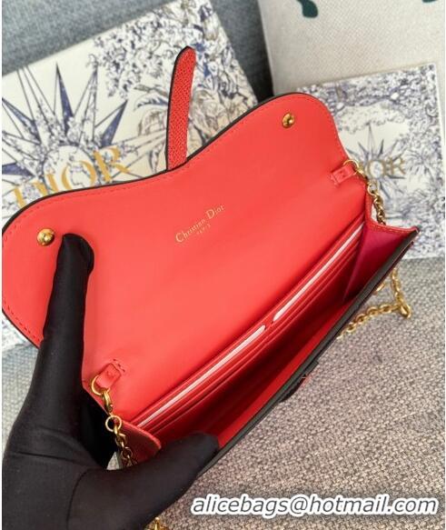 Promotional Dior Long Saddle Wallet with Chain in Palm-Grained Leather CD8050 Red 2023