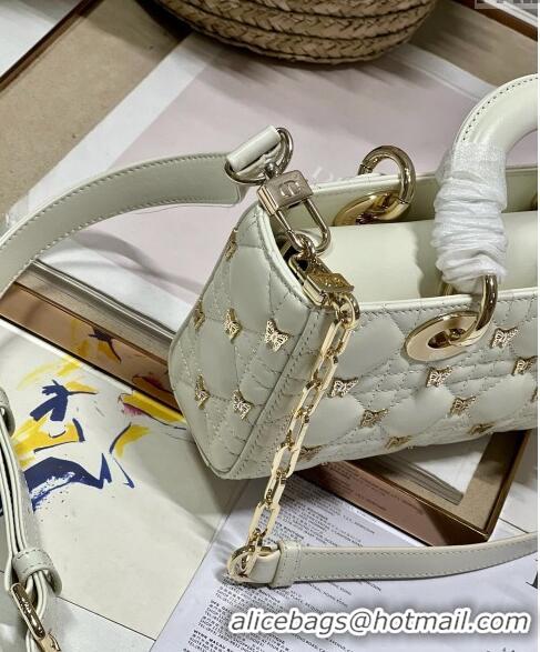 Good Taste Dior Small Lady D-Joy Bag in Cannage Lambskin with Gold-Finish Butterfly Studs M0540 White 2023