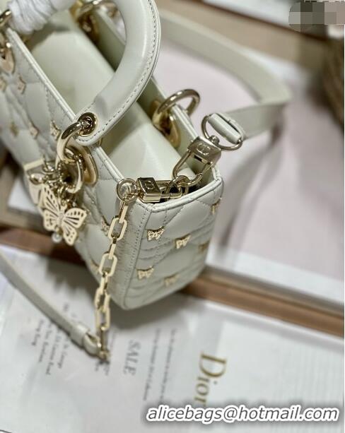 Good Taste Dior Small Lady D-Joy Bag in Cannage Lambskin with Gold-Finish Butterfly Studs M0540 White 2023