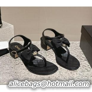 Lower Price Chanel Calfskin Thong Sandals 4cm with Bow and Bloom Black 323059