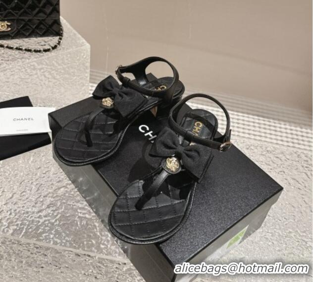 Lower Price Chanel Calfskin Thong Sandals 4cm with Bow and Bloom Black 323059