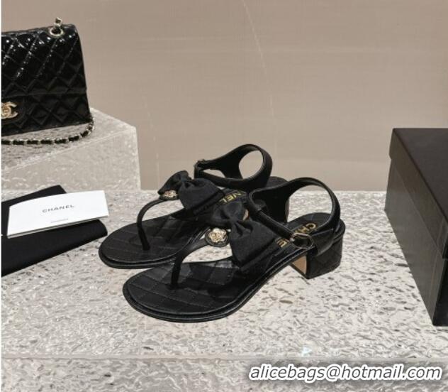 Lower Price Chanel Calfskin Thong Sandals 4cm with Bow and Bloom Black 323059