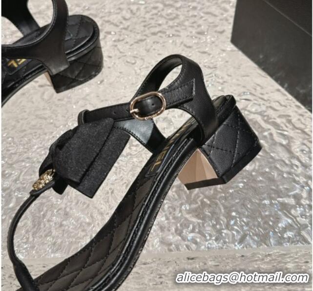 Lower Price Chanel Calfskin Thong Sandals 4cm with Bow and Bloom Black 323059