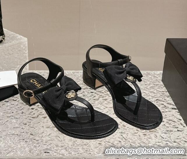 Lower Price Chanel Calfskin Thong Sandals 4cm with Bow and Bloom Black 323059